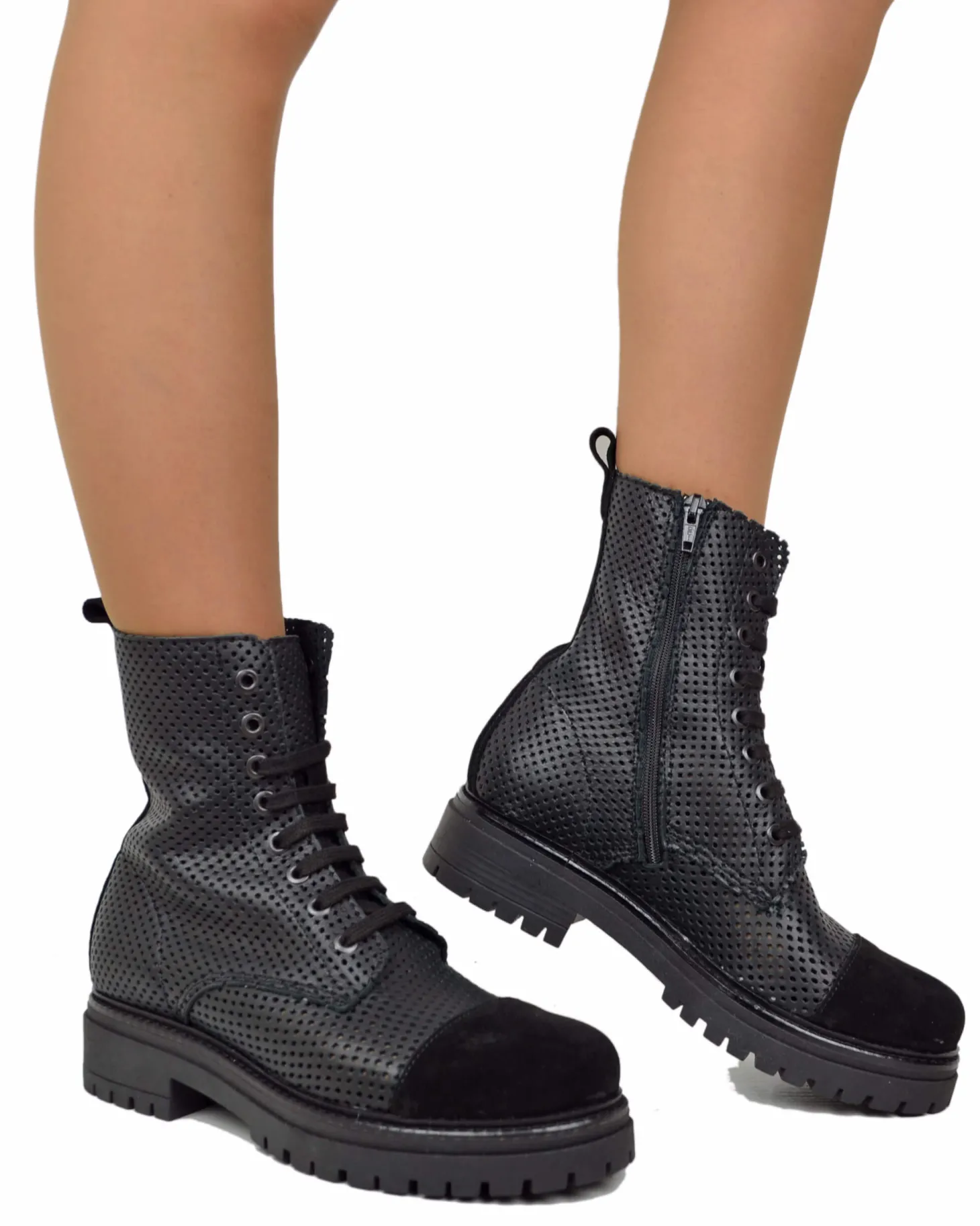 Perforated Summer Combat Boots – Genuine Leather, Suede Toe, Light Lug