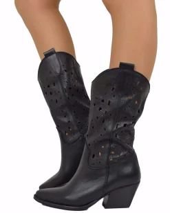 Perforated Summer Cowboy Boots – 7 cm Heel, Black Leather