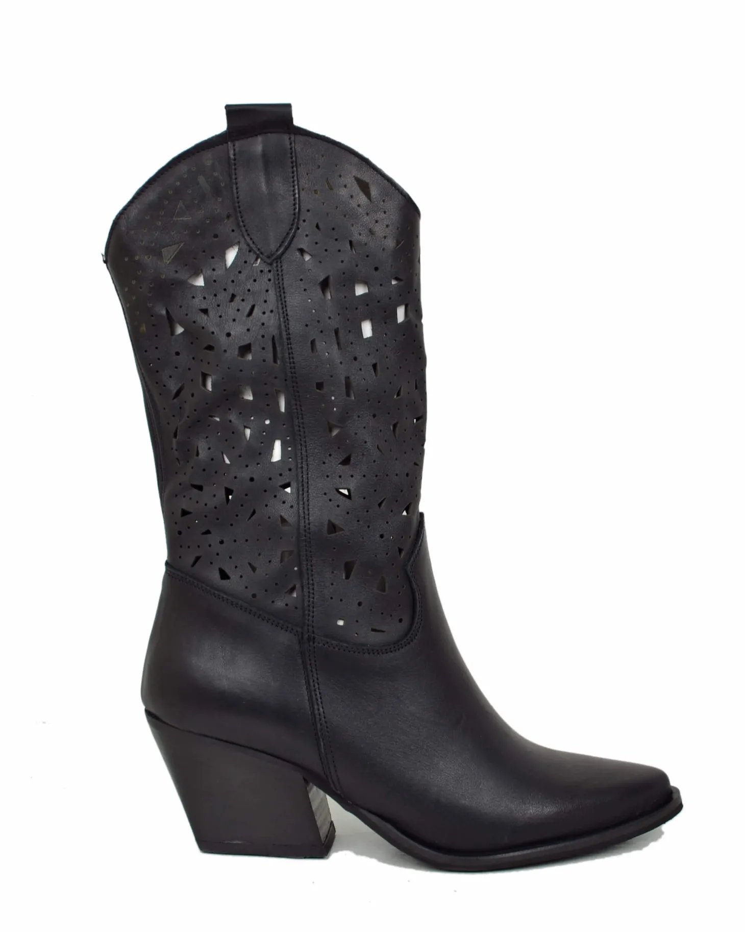 Perforated Summer Cowboy Boots – 7 cm Heel, Black Leather