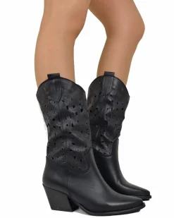 Perforated Summer Cowboy Boots – 7 cm Heel, Black Leather