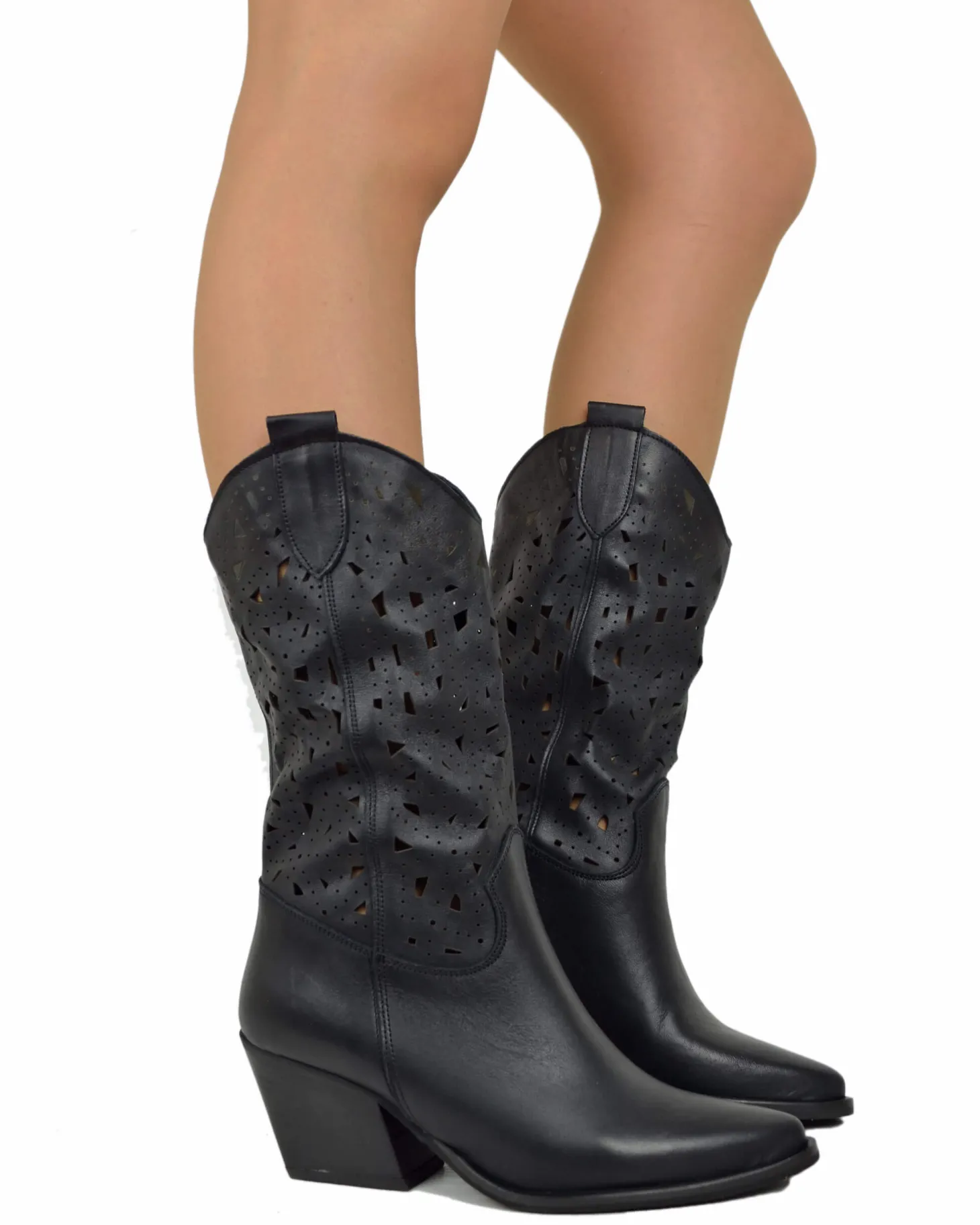 Perforated Summer Cowboy Boots – 7 cm Heel, Black Leather
