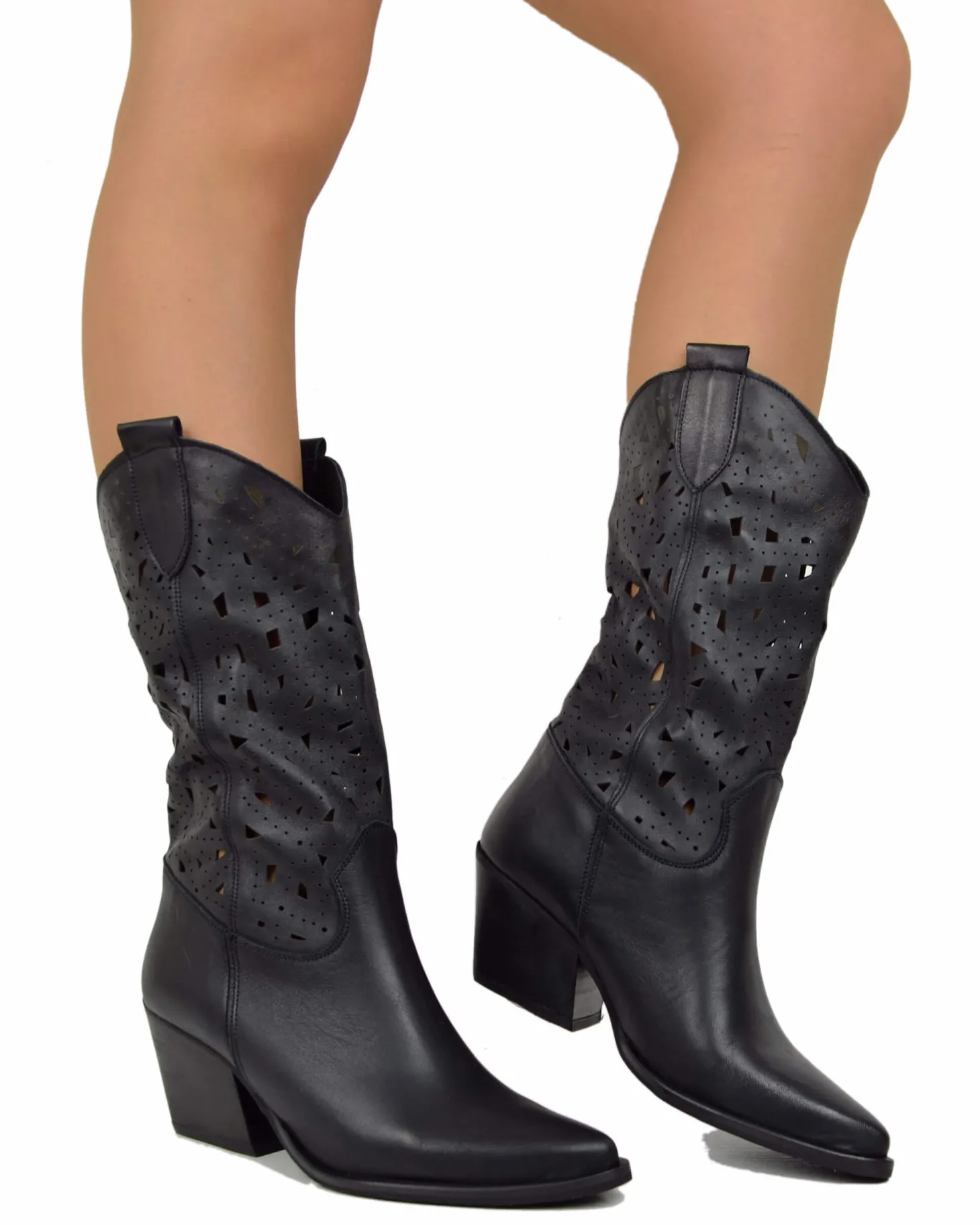 Perforated Summer Cowboy Boots – 7 cm Heel, Black Leather