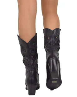Perforated Summer Cowboy Boots – 7 cm Heel, Black Leather