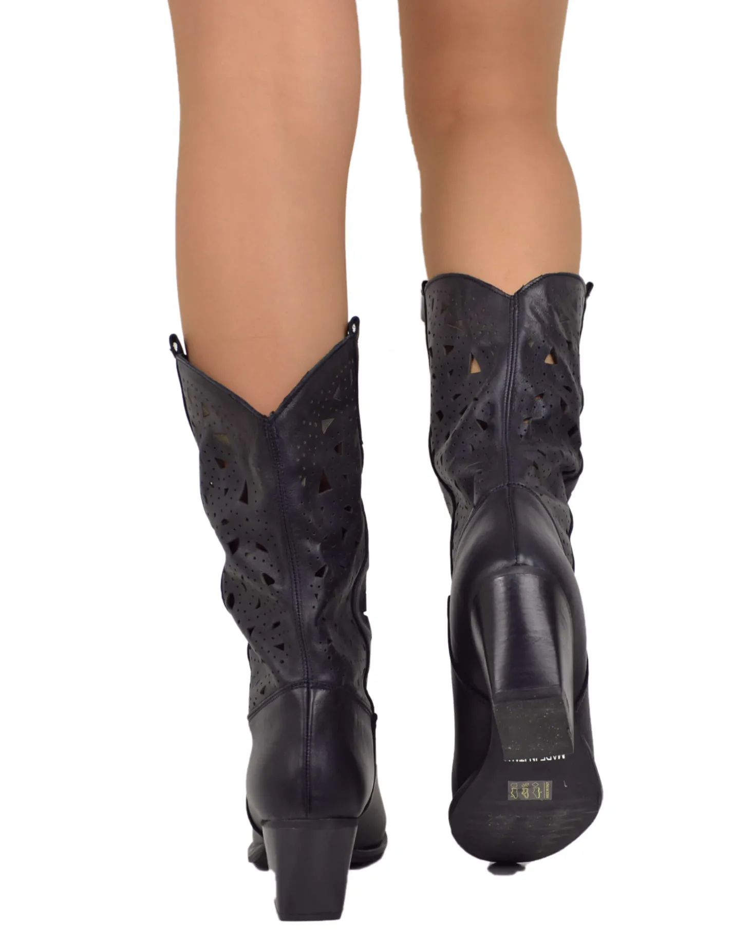 Perforated Summer Cowboy Boots – 7 cm Heel, Black Leather