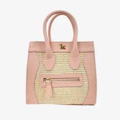Pink Raffia and Leather Handbag with Front Pocket