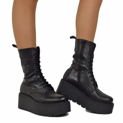 Platform Ankle Boots Genuine Leather Soft Chunky MIDI Boots Black