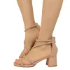 Powder-colored Women's Sandals with Medium Heel and Rhinestones