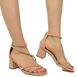 Powder-colored Women's Sandals with Medium Heel and Rhinestones