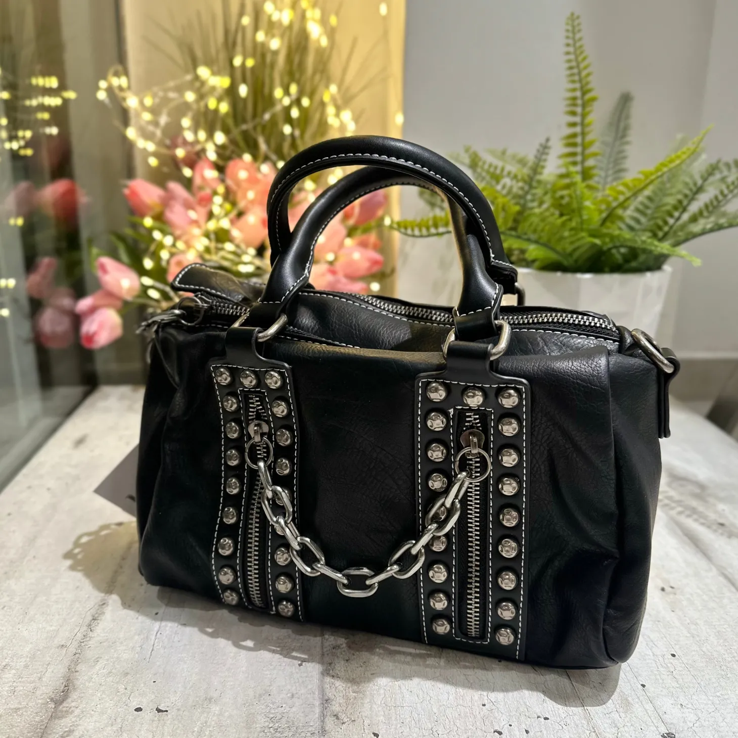 Punk Rock Studded Chains Black Faux Leather Box Bag BICE