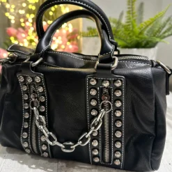 Punk Rock Studded Chains Black Faux Leather Box Bag BICE