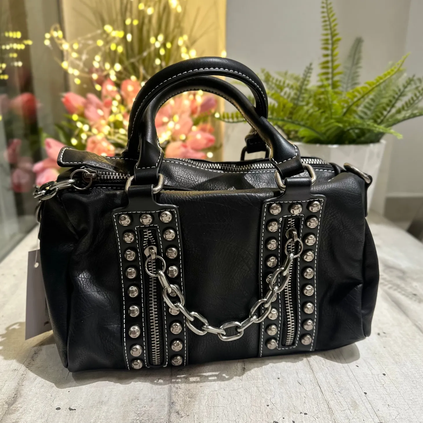 Punk Rock Studded Chains Black Faux Leather Box Bag BICE