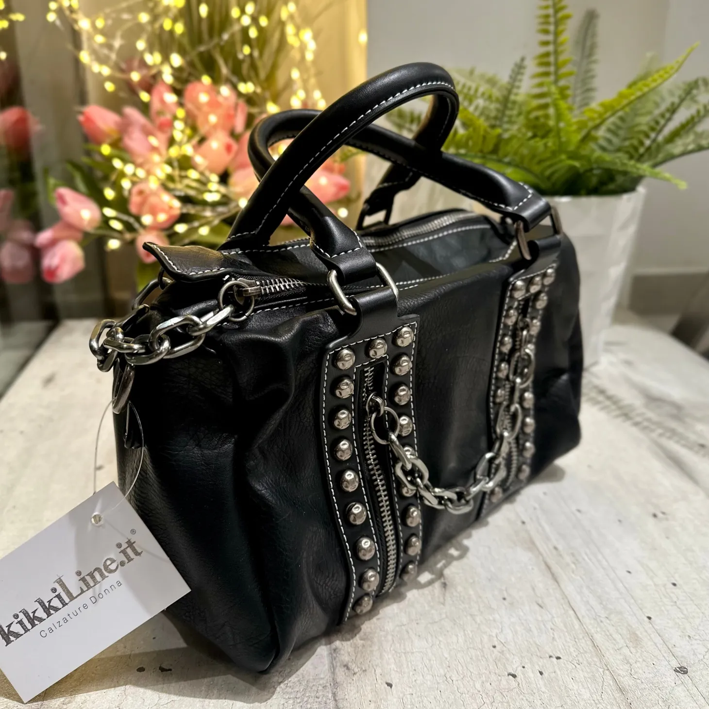 Punk Rock Studded Chains Black Faux Leather Box Bag BICE