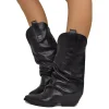 Real Leather Texan Boots Medium Shaft Black with Gaiter 7cm Heel