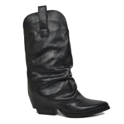 Real Leather Texan Boots Medium Shaft Black with Gaiter 7cm Heel