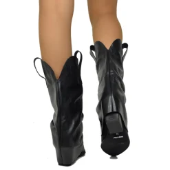 Real Leather Texan Boots Medium Shaft Black with Gaiter 7cm Heel