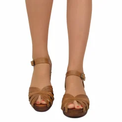 Sandali a Ragnetto in Pelle Ingrassata color Camel Made in Italy