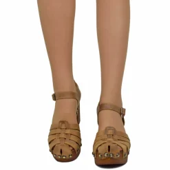 Sandali a Ragnetto in Pelle Ingrassata Vintage Camel Made in Italy