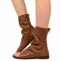 Sandali a Stivaletto Donna Sigaro Cuoio in Pelle con Zip Made in Italy