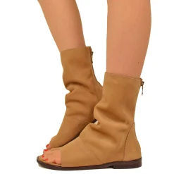 Sandali a Stivaletto Donna color Sabbia in Pelle Nabuk con Zip