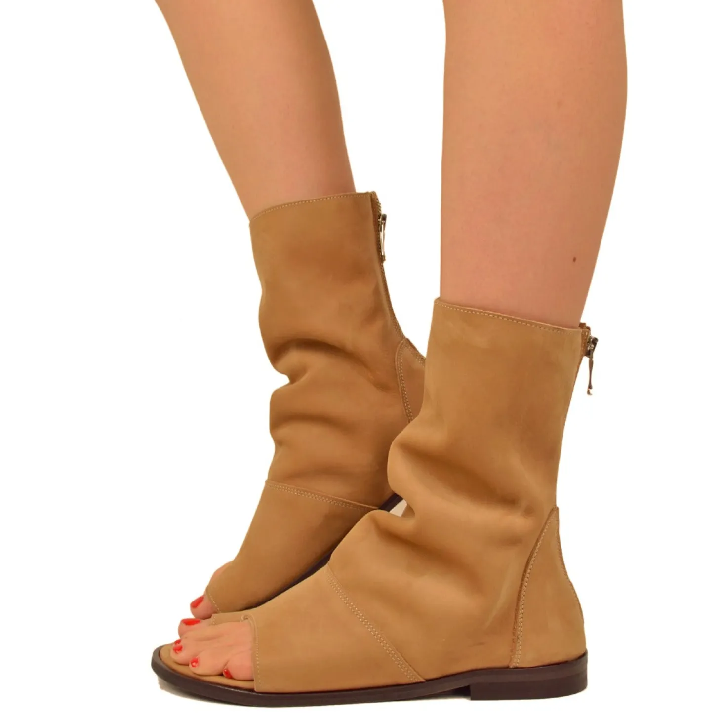 Sandali a Stivaletto Donna color Sabbia in Pelle Nabuk con Zip
