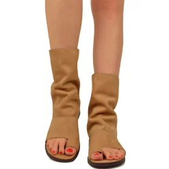 Sandali a Stivaletto Donna color Sabbia in Pelle Nabuk con Zip