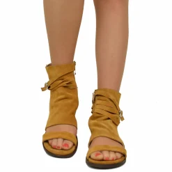 Sandali a Stivaletto Donna Camoscio Cuoio in Pelle con Fibbia e Zip