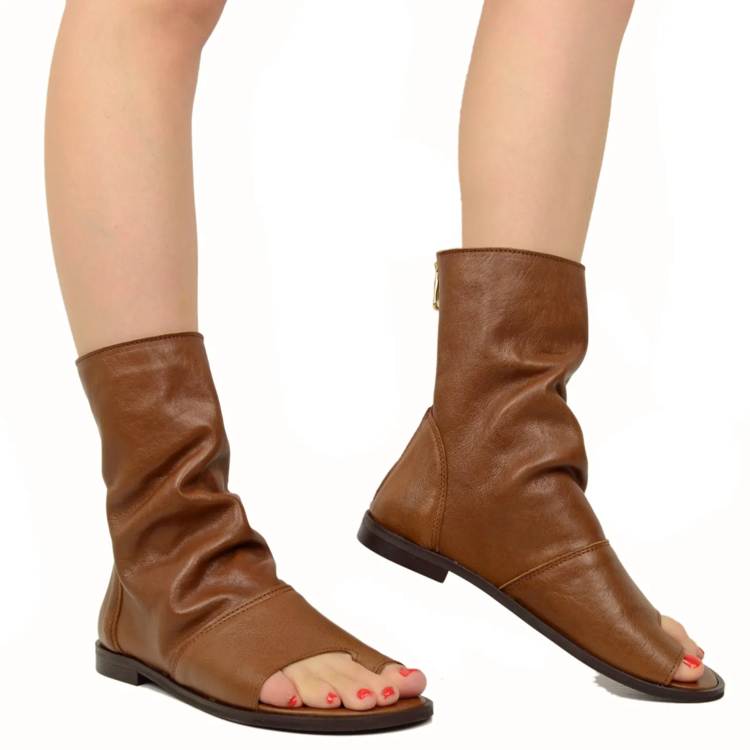 Sandali a Stivaletto Donna Sigaro Cuoio in Pelle con Zip Made in Italy