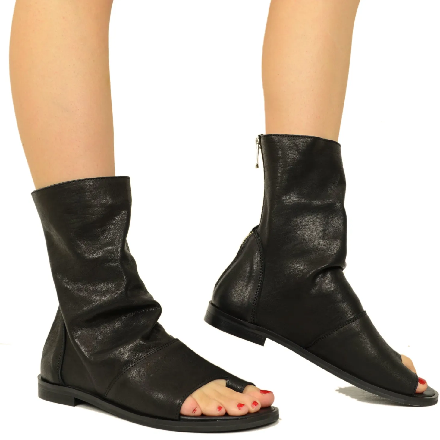 Sandali a Stivaletto Donna Neri con Zip Tacco Basso Made in Italy