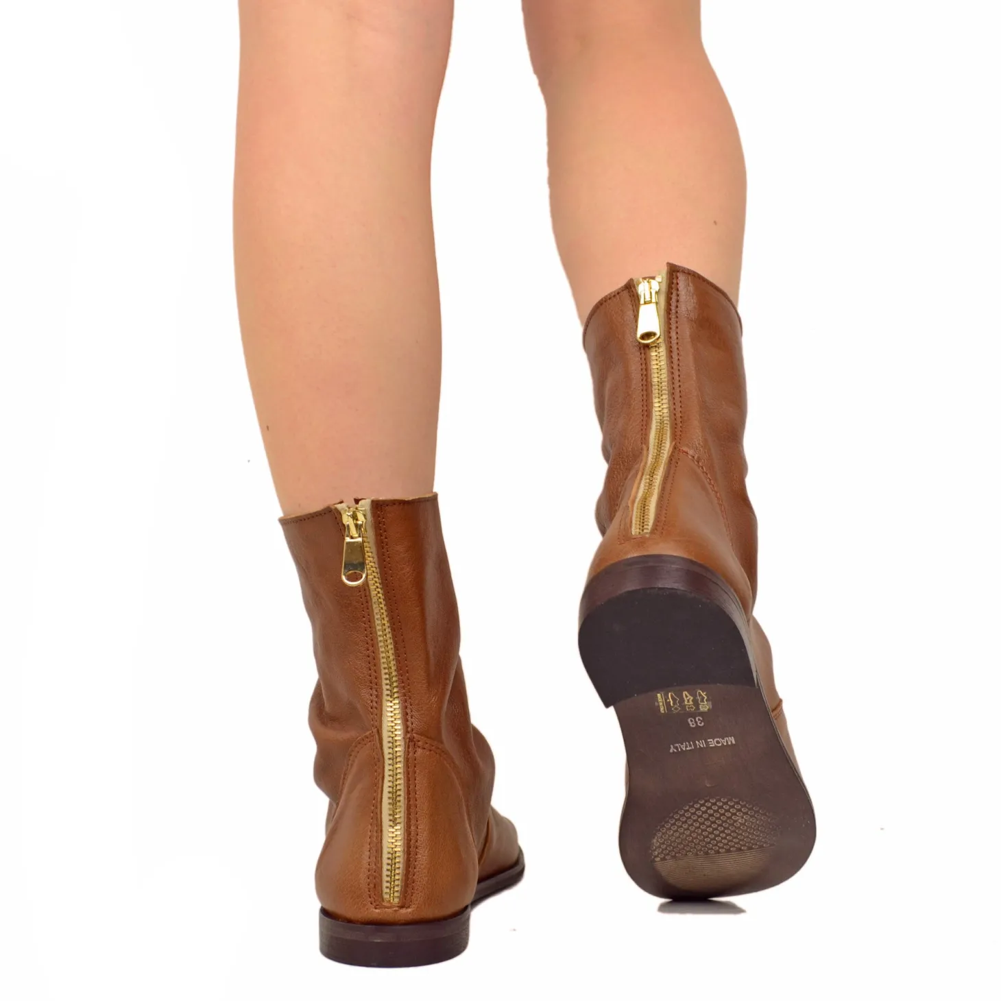 Sandali a Stivaletto Donna Sigaro Cuoio in Pelle con Zip Made in Italy