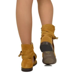 Sandali a Stivaletto Donna Camoscio Cuoio in Pelle con Fibbia e Zip