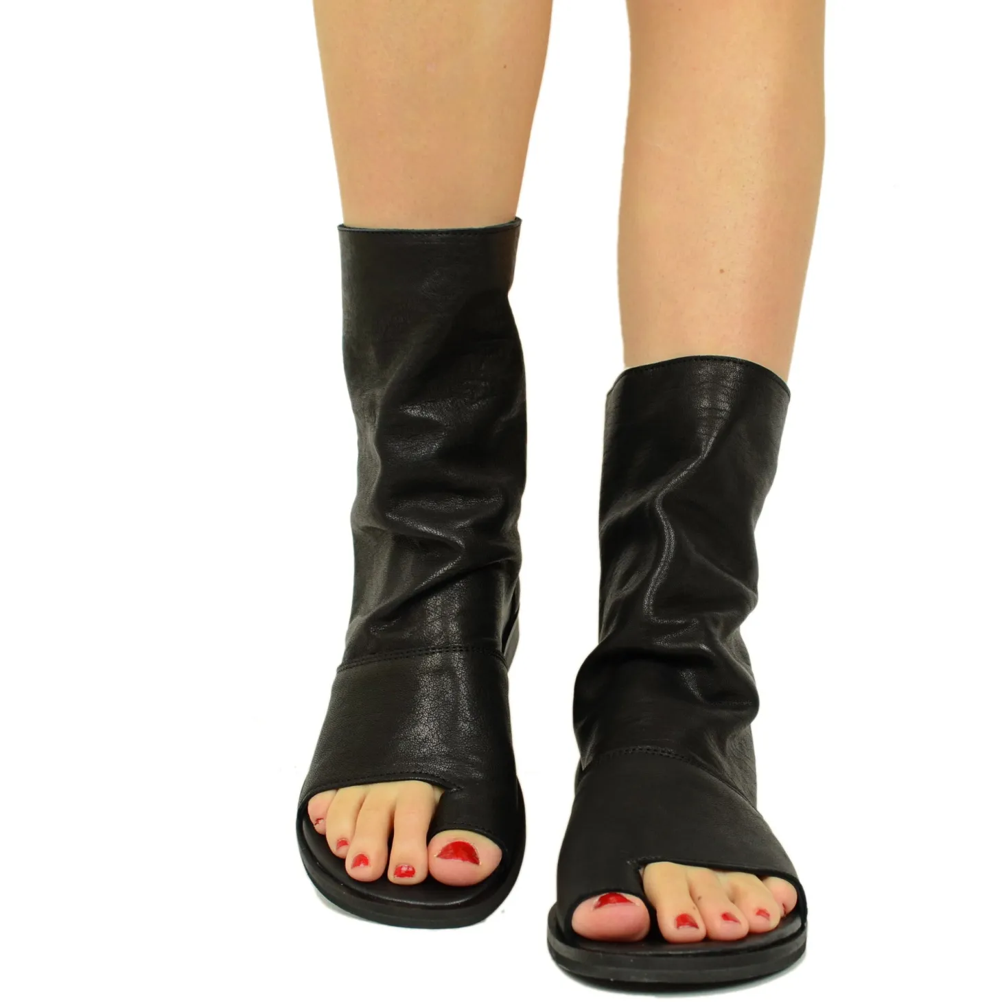 Sandali a Stivaletto Donna Neri con Zip Tacco Basso Made in Italy