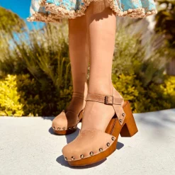 Sandali a Zoccolo in Pelle Ingrassata Vintage Camel Made in Italy