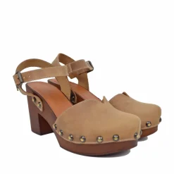 Sandali a Zoccolo in Pelle Ingrassata Vintage Camel Made in Italy