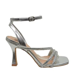 Sandali Donna Argento con Strass e Tacco Alto