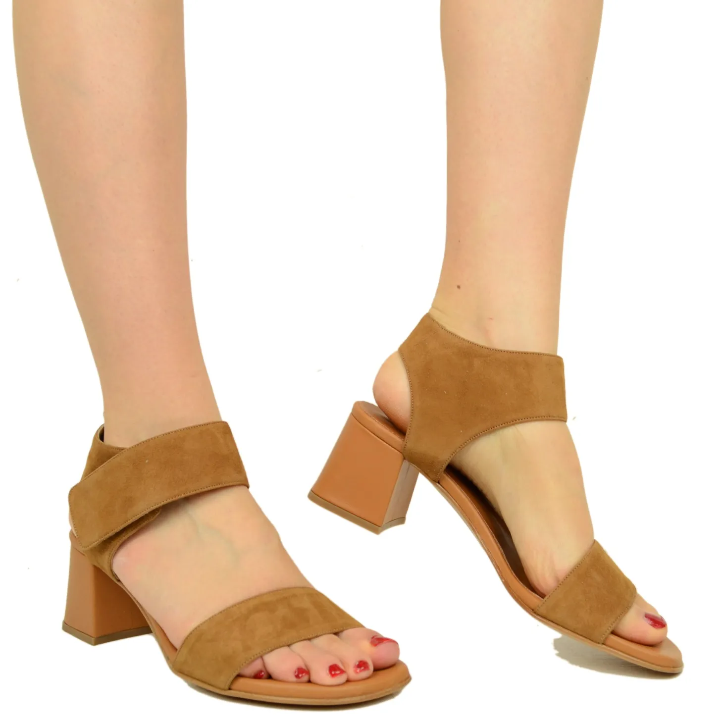 Sandali Donna Cuoio Scamosciati con Tacco Medio Made in Italy