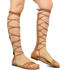 Sandali Donna Estivi alla Schiava con Lacci in Pelle Terra