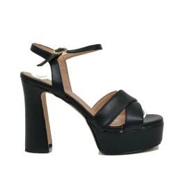 Sandali Donna in Pelle Neri con Plateau e Cinturino Regolabile