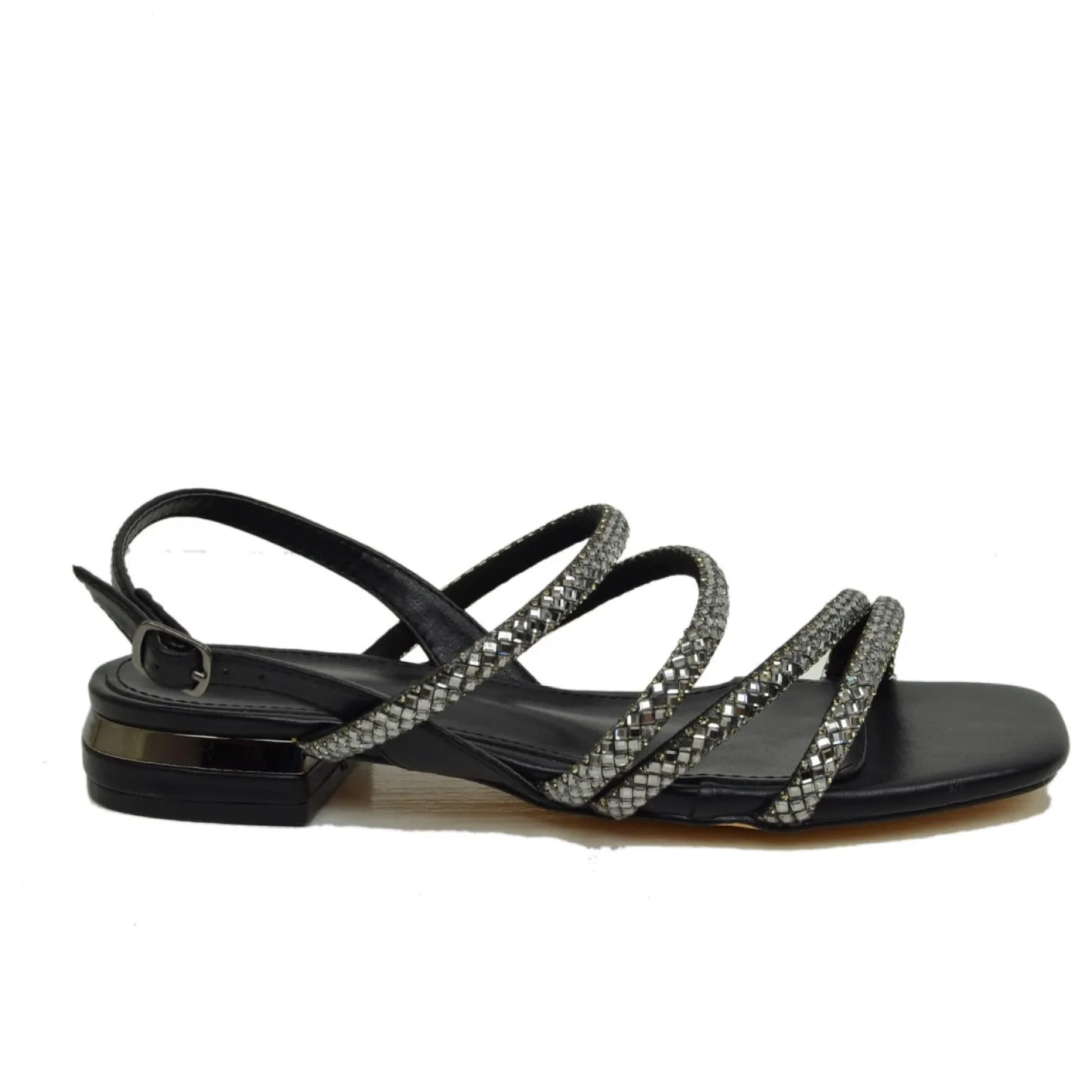 Sandali Donna Neri con Strass e Cinturino Regolabile