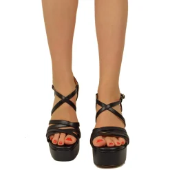 Sandali Donna Pelle Neri con Tacco e Plateau Alto Made in Italy