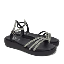 Sandali Donna Platform Neri in Pelle con Strass Made in Italy