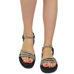 Sandali Donna Platform Neri in Pelle con Strass Made in Italy