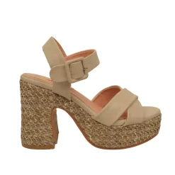 Sandali Donna Taupe Fondo in Corda con Tacco Alto e Largo