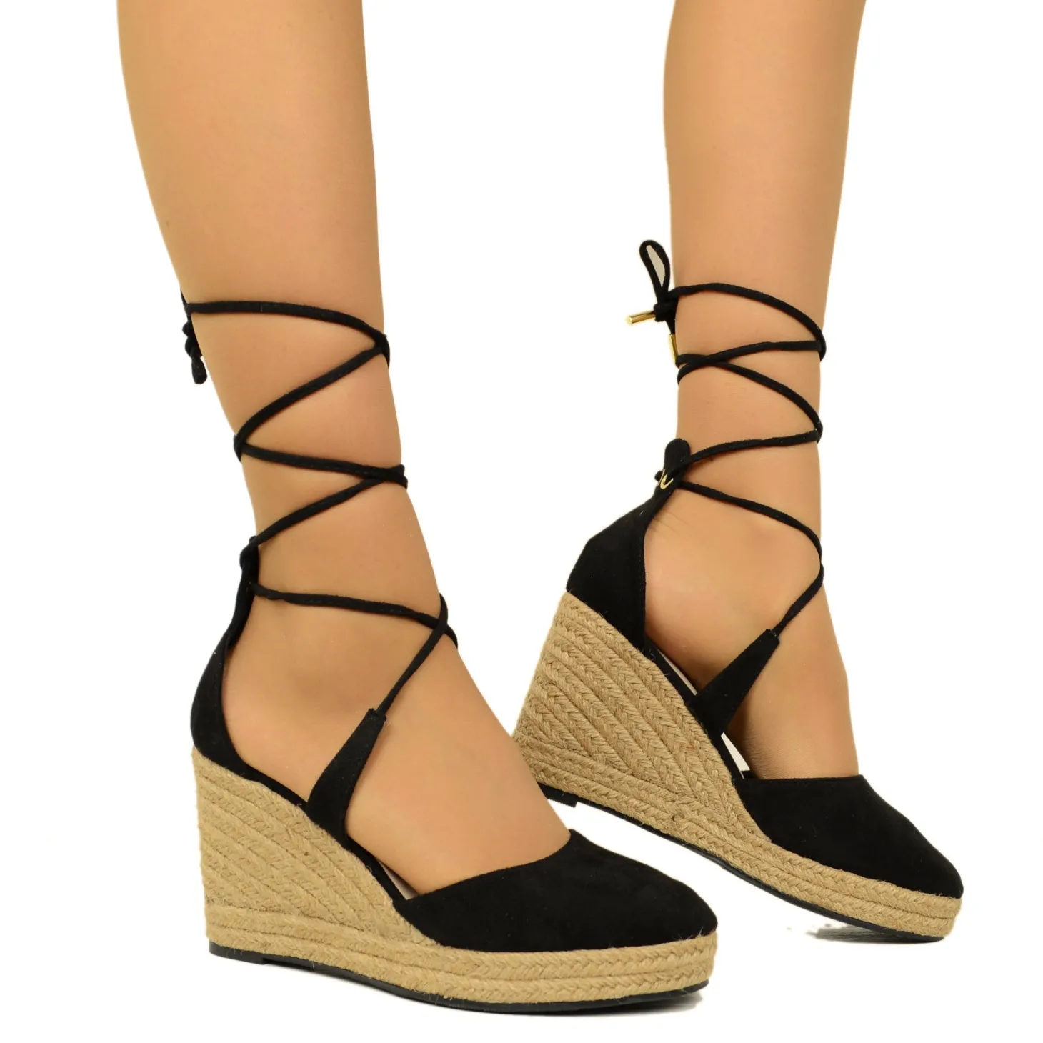 Sandali Espadrillas alla Schiava Nere con Zeppa in Corda