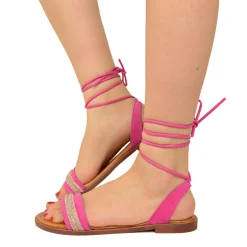 Sandali Fuxia in Pelle Scamosciata alla Schiava con Strass