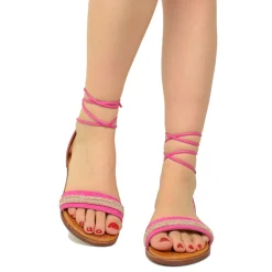 Sandali Fuxia in Pelle Scamosciata alla Schiava con Strass