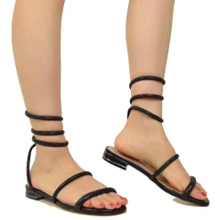 Sandali Gioiello con Serpente Tacco Basso Laminato Nero Caffènero