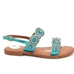 Sandali Gioiello in Pelle Turchese con Strass e Perle