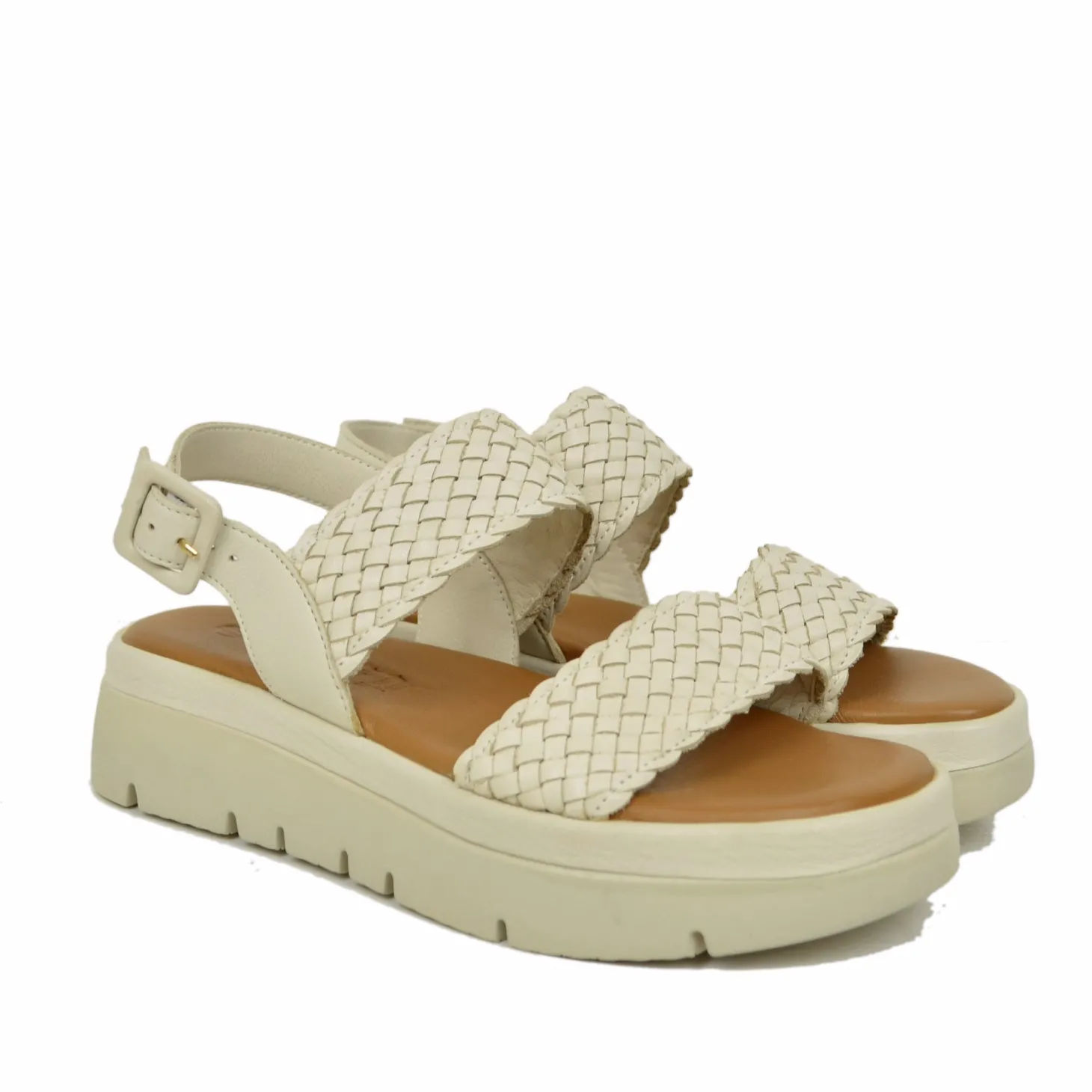 Sandali Intrecciati in Pelle color Beige e Suola in Memory Foam