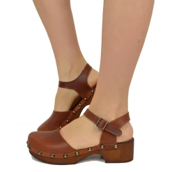 Sandali Neri a Zoccolo in Pelle Tacco Basso Soletta Imbottita Cuoio