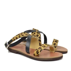 Sandali Salentini in Pelle Cavallino Leopardata con Soletta Cuoio